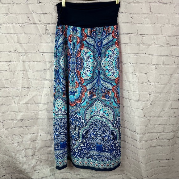 apt. 9 Bohemian Maxi Skirt bright Blue Red Patterns sz L classic beach travel - Picture 1 of 7